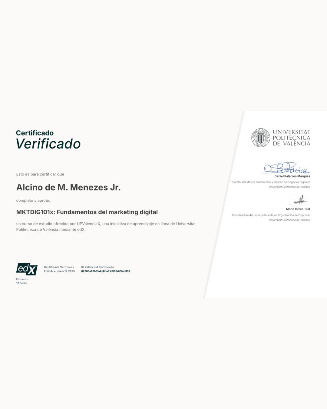 Certificado em Fundamentos de Marketing Digital pela Universitat Politècnica de València