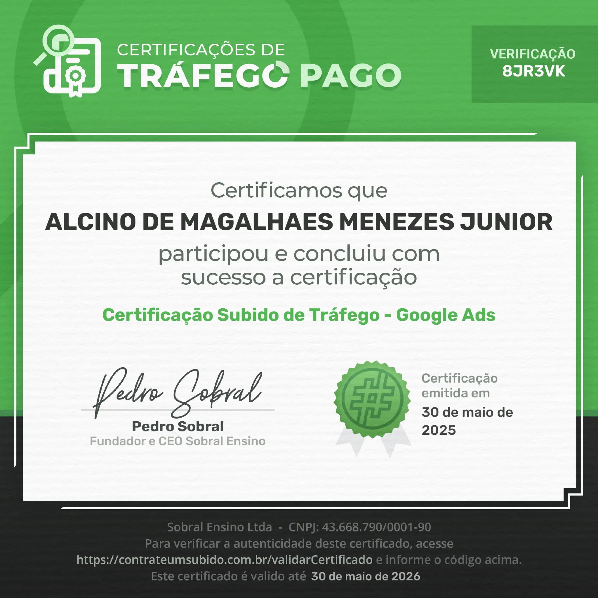 Certificado Google Ads Subido de Tráfego por Pedro Sobral para Alcino Menezes Junior